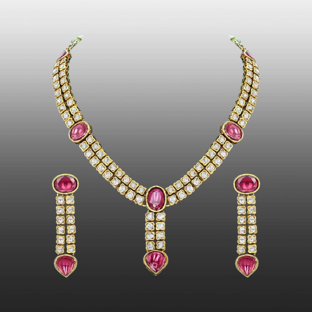 Polki Diamond Necklace Set with Deep Pink Gemstones and Drop